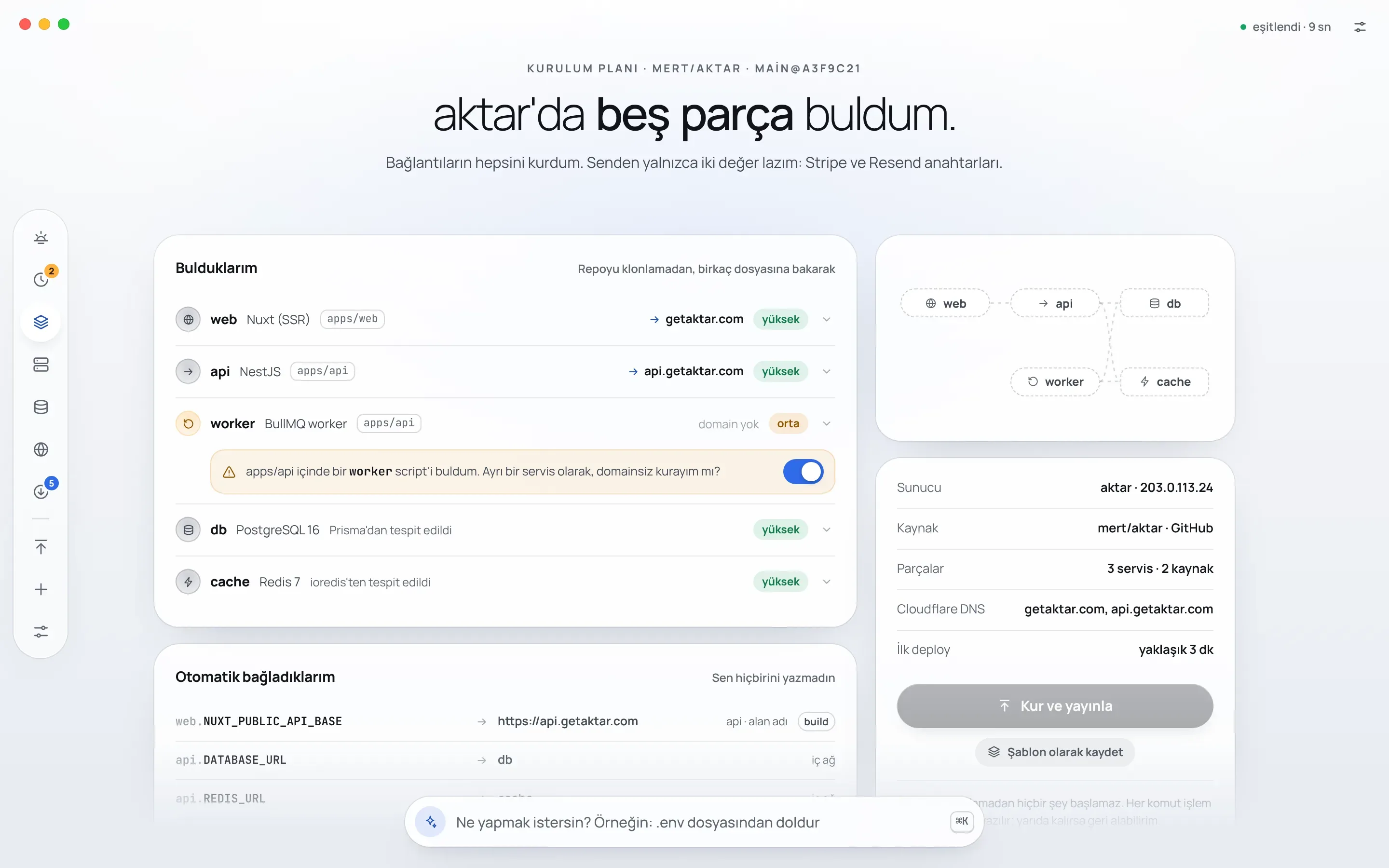 Kule'nin Kurulum planı ekranı: mert/aktar reposunda bulunan web, api, worker, db ve cache parçaları, worker için domainsiz kurulum sorusu, kendiliğinden bağlanan değişkenler ve aktar sunucusu için Kur ve yayınla düğmesi.